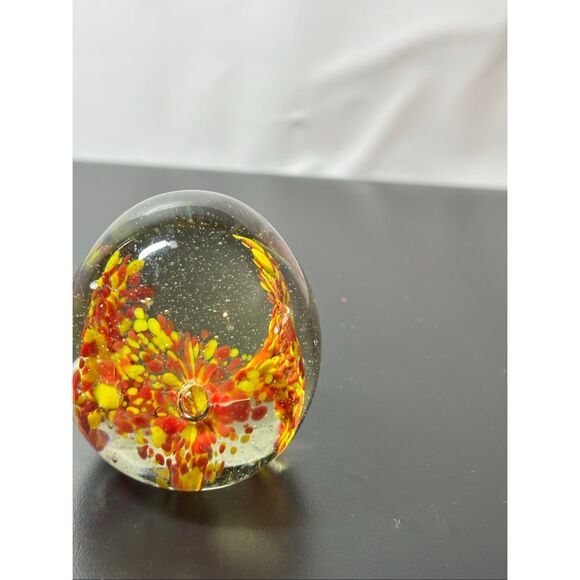 Vintage Hand Blown Art Glass Paper Weight Yellow and Red/Orange Flowers - Picture 2 of 5